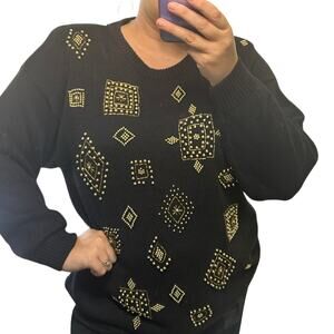 Vintage 80s Embellished Sweater Chunky Knit Studded Metallic Gold Black Holiday